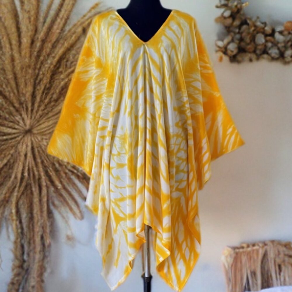 Yellow White Hand Tie Dyed Dolman Sleeve Cover Up Poncho Top (#14)